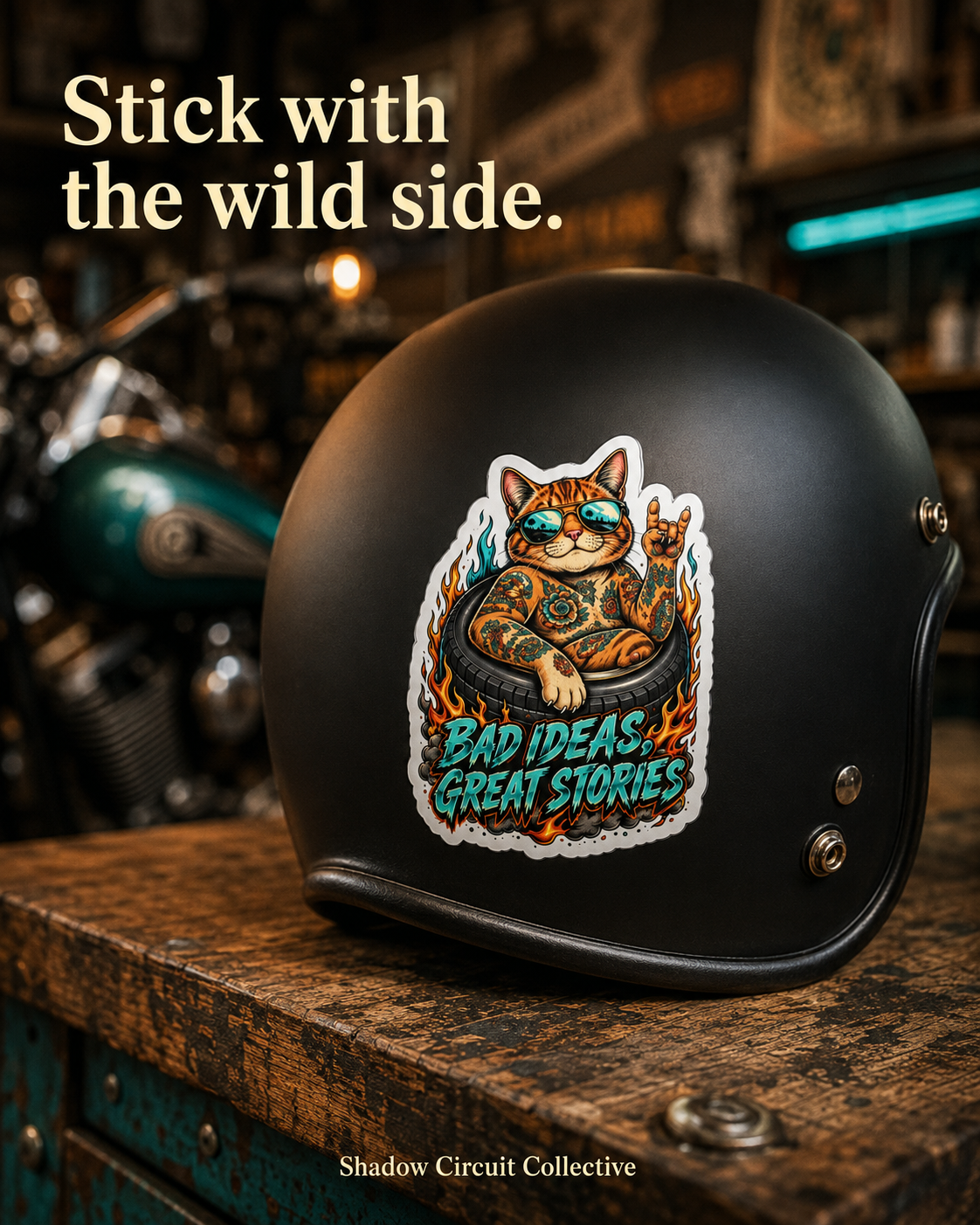 Tattooed Cat in Tire Die-Cut Sticker | 'Bad Ideas, Great Stories'