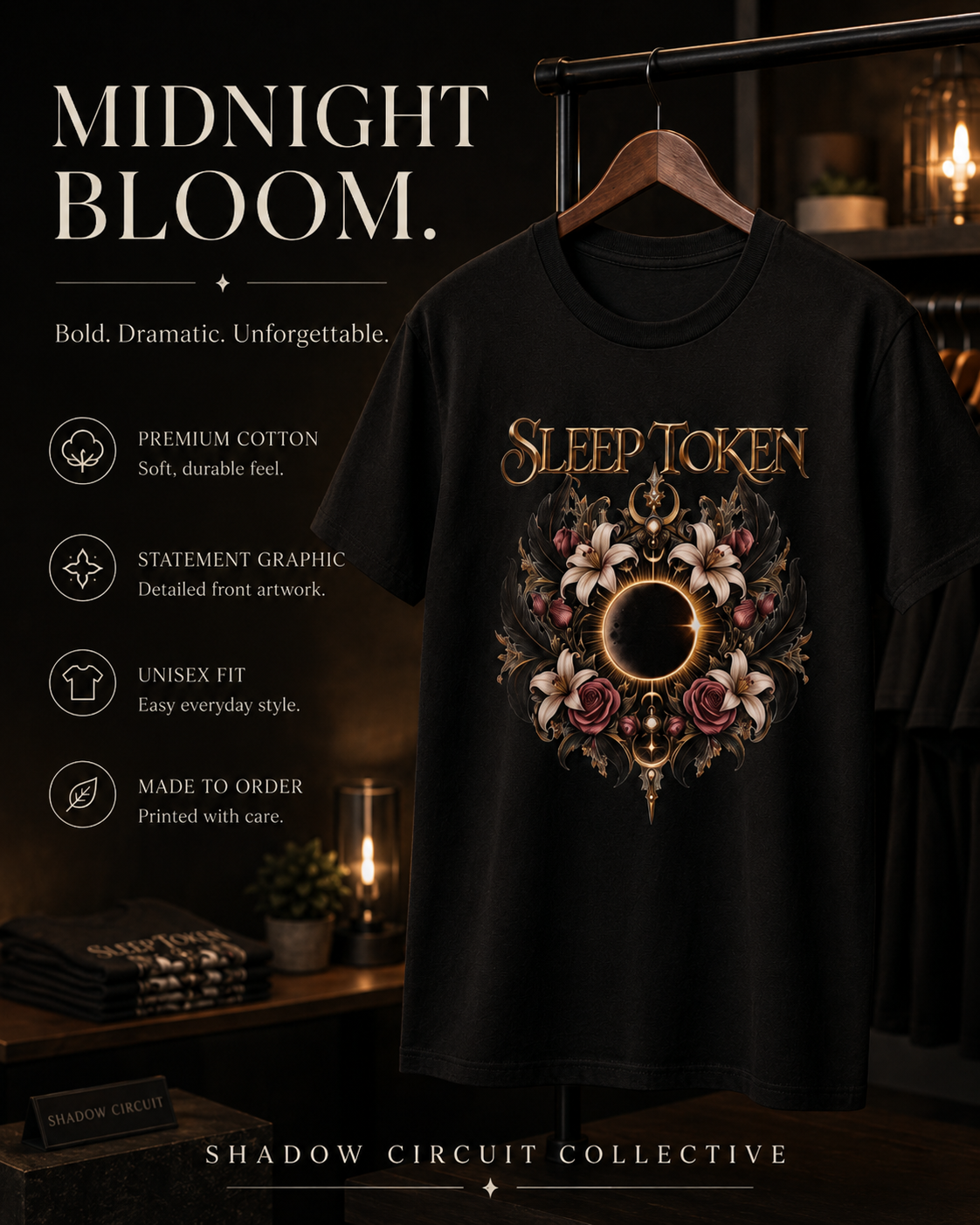 Sleep Token floral eclipse T-Shirt | band logo tee, gothic floral design