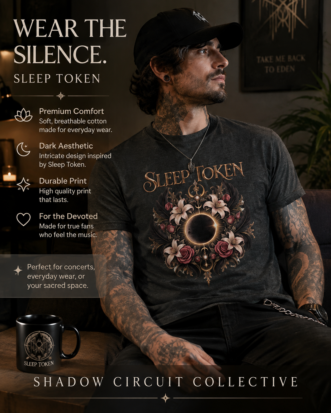 Sleep Token floral eclipse T-Shirt | band logo tee, gothic floral design