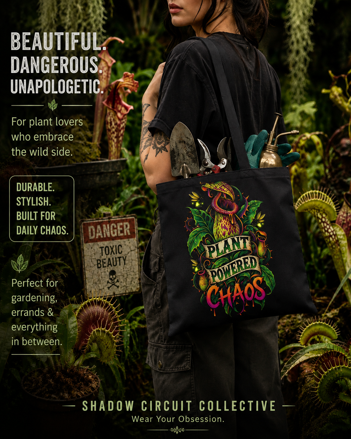 Plant Powered Chaos Tote Bag | Carnivorous Pitcher Plant Illustration