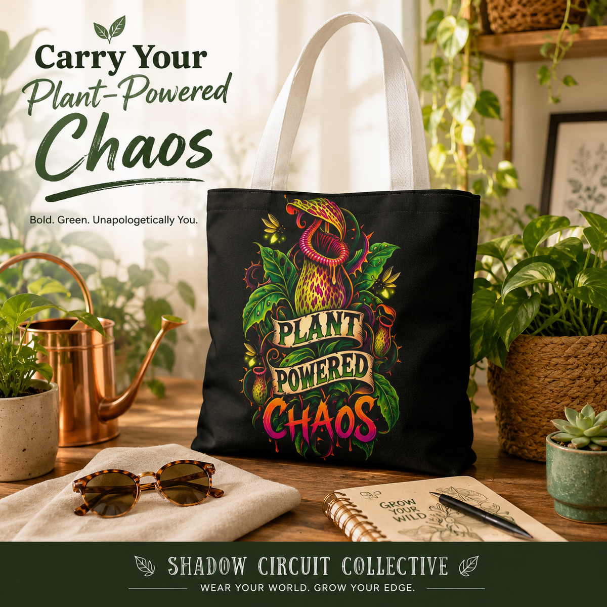 Plant Powered Chaos Tote Bag | Carnivorous Pitcher Plant Illustration