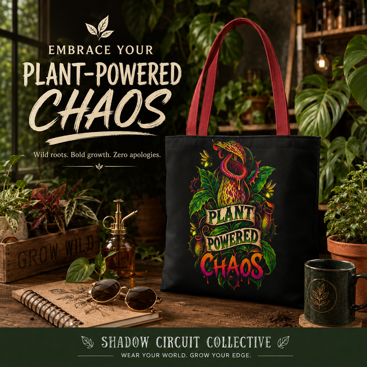 Plant Powered Chaos Tote Bag | Carnivorous Pitcher Plant Illustration
