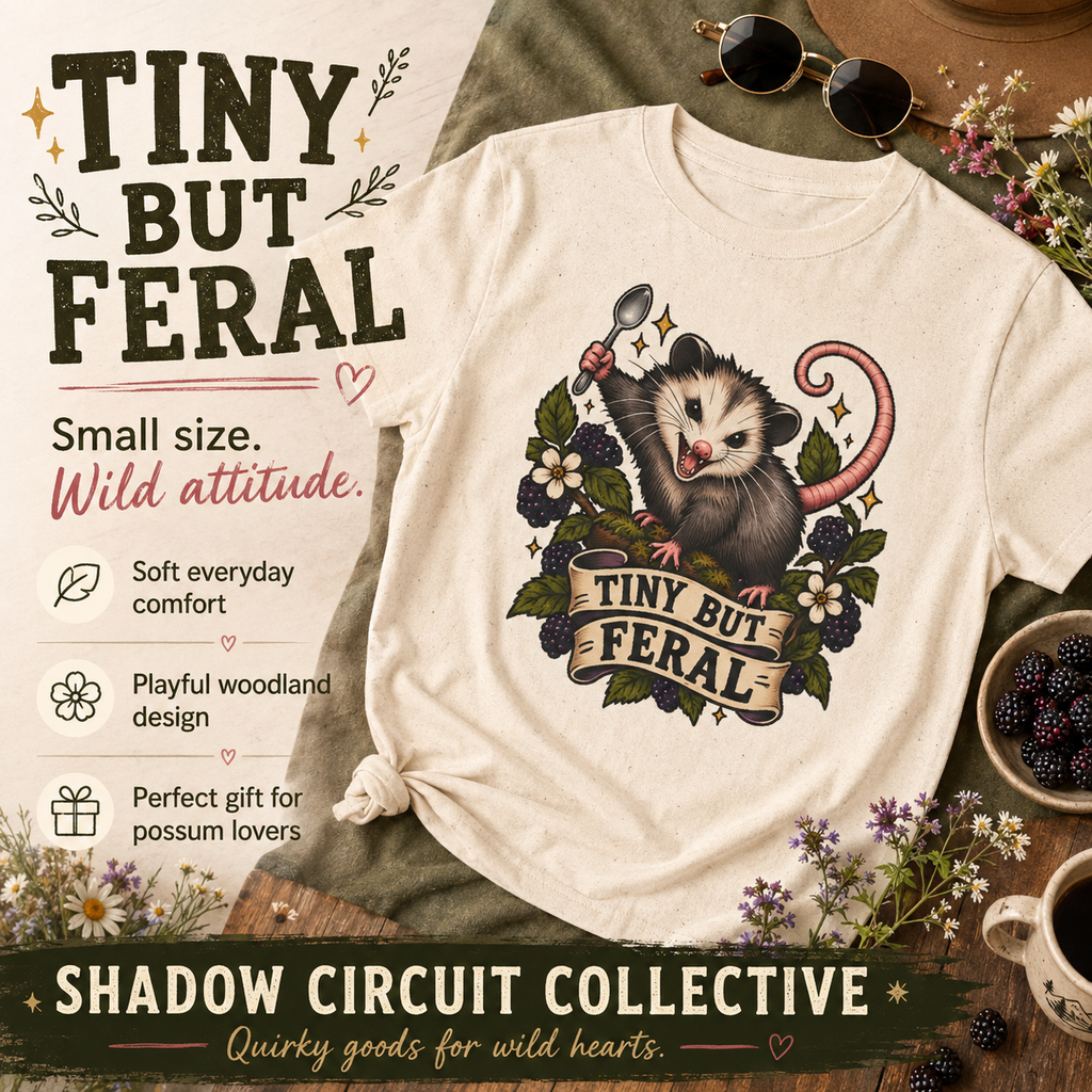 Tiny But Feral opossum illustration T-Shirt | vintage floral banner