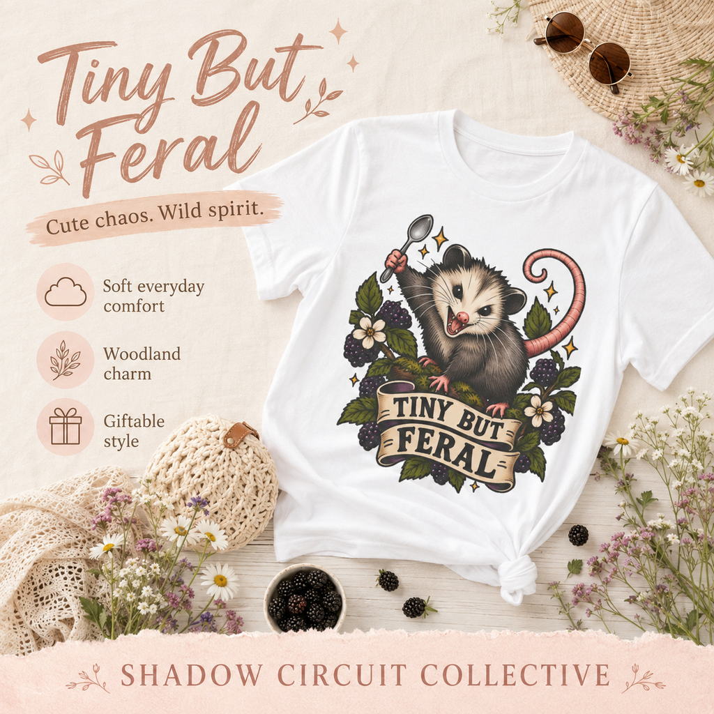Tiny But Feral opossum illustration T-Shirt | vintage floral banner