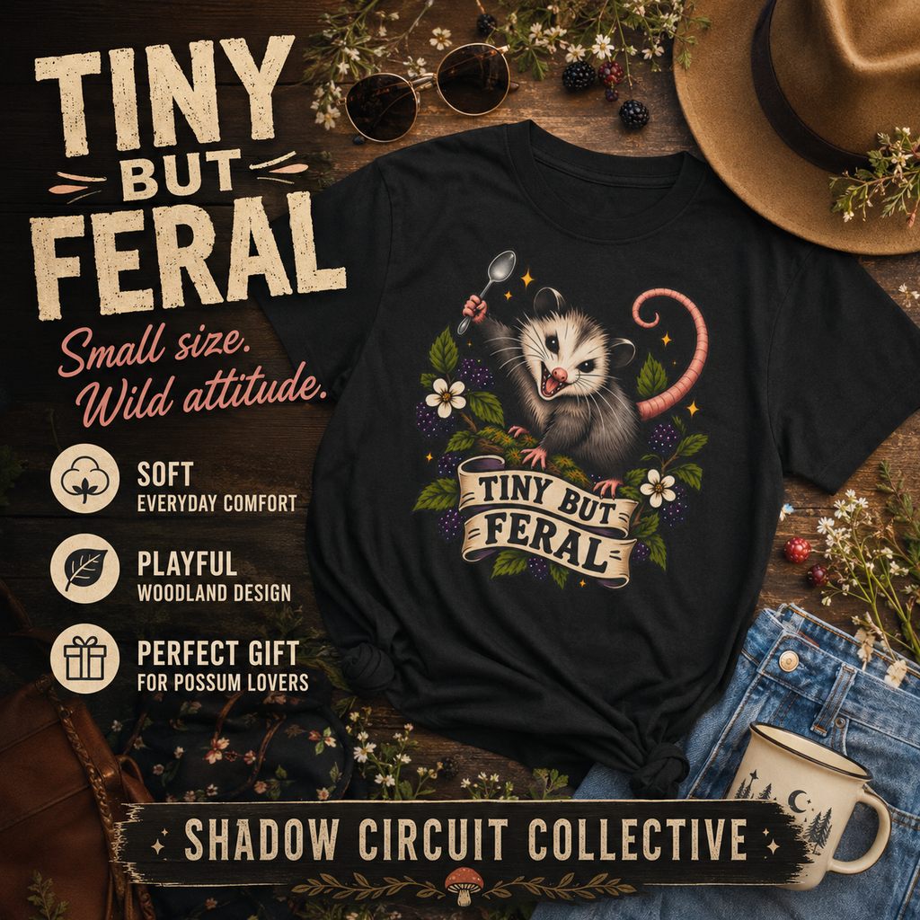 Tiny But Feral opossum illustration T-Shirt | vintage floral banner