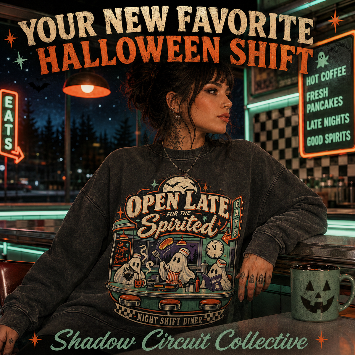 Open Late Spirited ghosts diner Long Sleeve Tee | Night Shift Diner