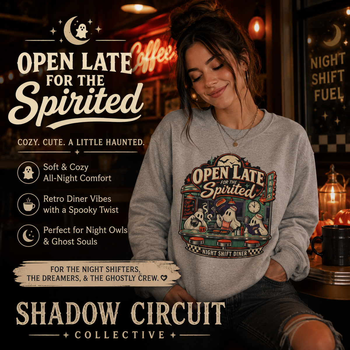 Open Late Spirited ghosts diner Long Sleeve Tee | Night Shift Diner