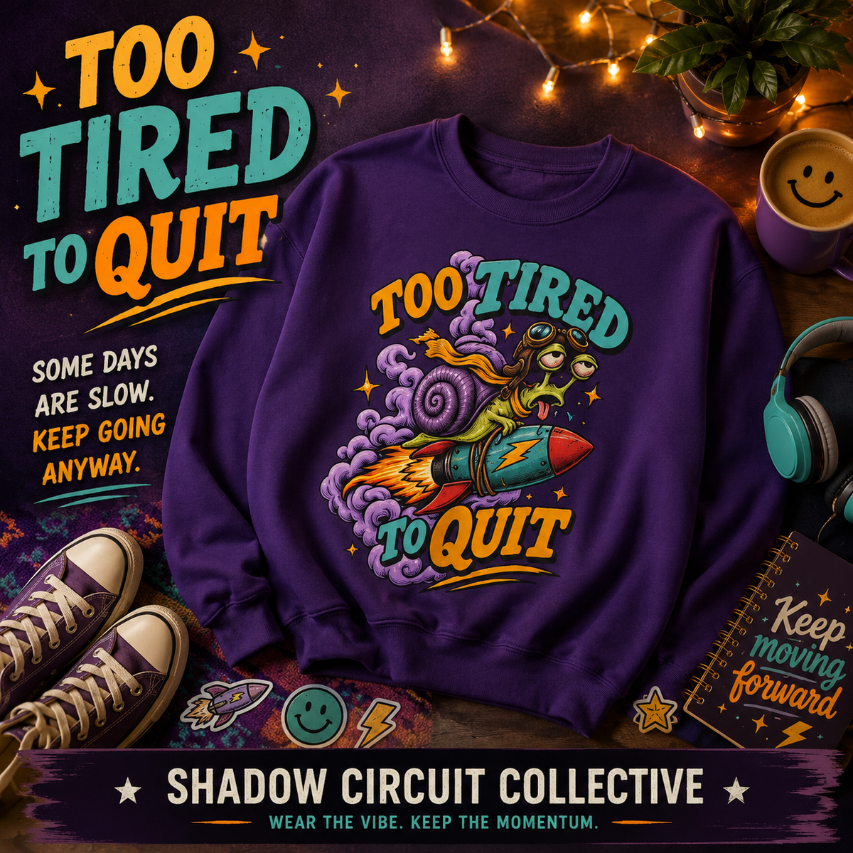 Too Tired to Quit Sweatshirt | Rocket Sloth Illustration, Motivational Retro