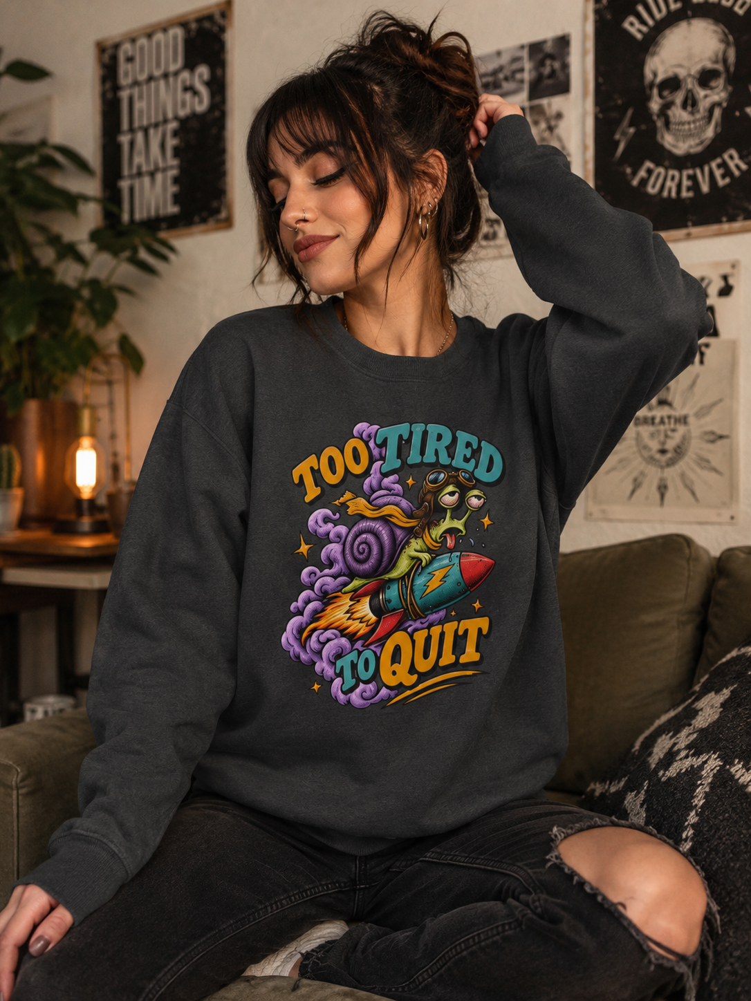 Too Tired to Quit Sweatshirt | Rocket Sloth Illustration, Motivational Retro