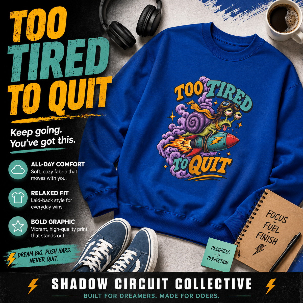 Too Tired to Quit Sweatshirt | Rocket Sloth Illustration, Motivational Retro