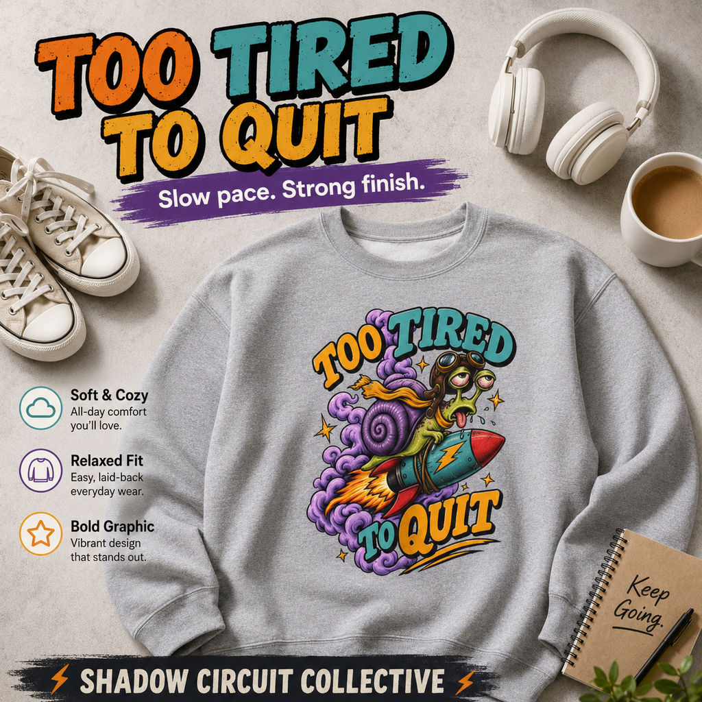 Too Tired to Quit Sweatshirt | Rocket Sloth Illustration, Motivational Retro