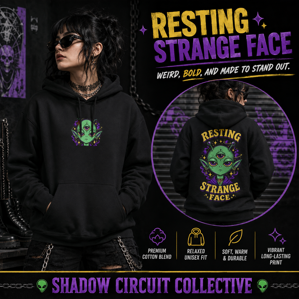 Resting Strange Face Alien hoodie | Three-Eyed Green Alien Illustration