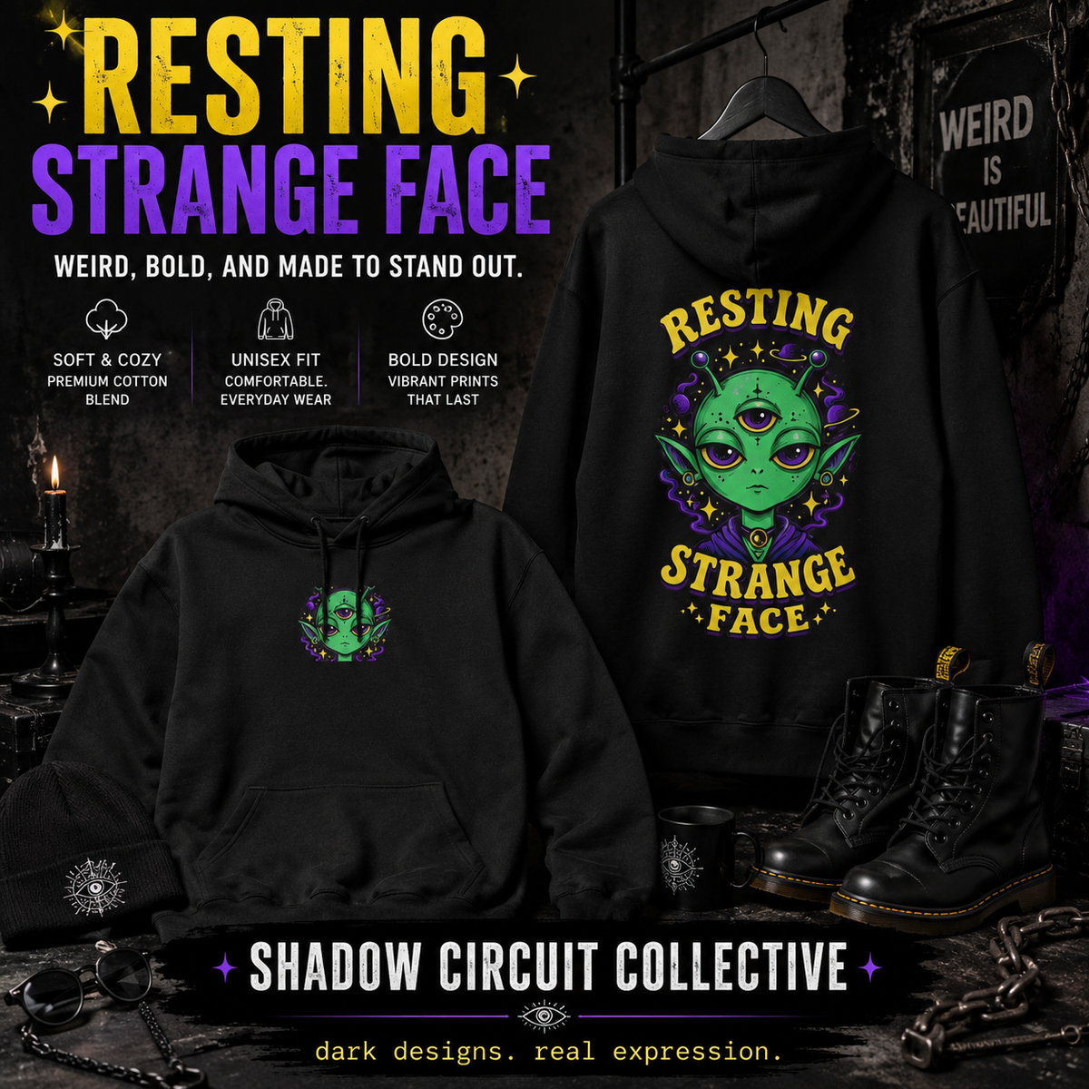 Resting Strange Face Alien hoodie | Three-Eyed Green Alien Illustration