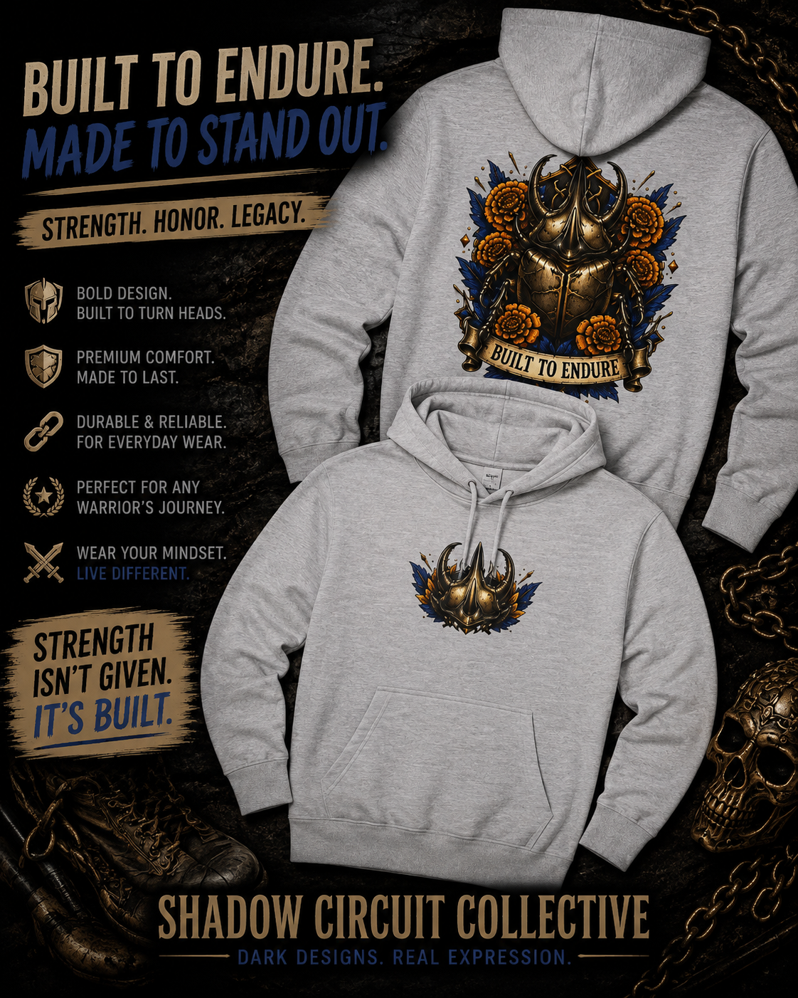 Viking Helmet Crest Built to Endure Hoodie | Three-Panel Fleece