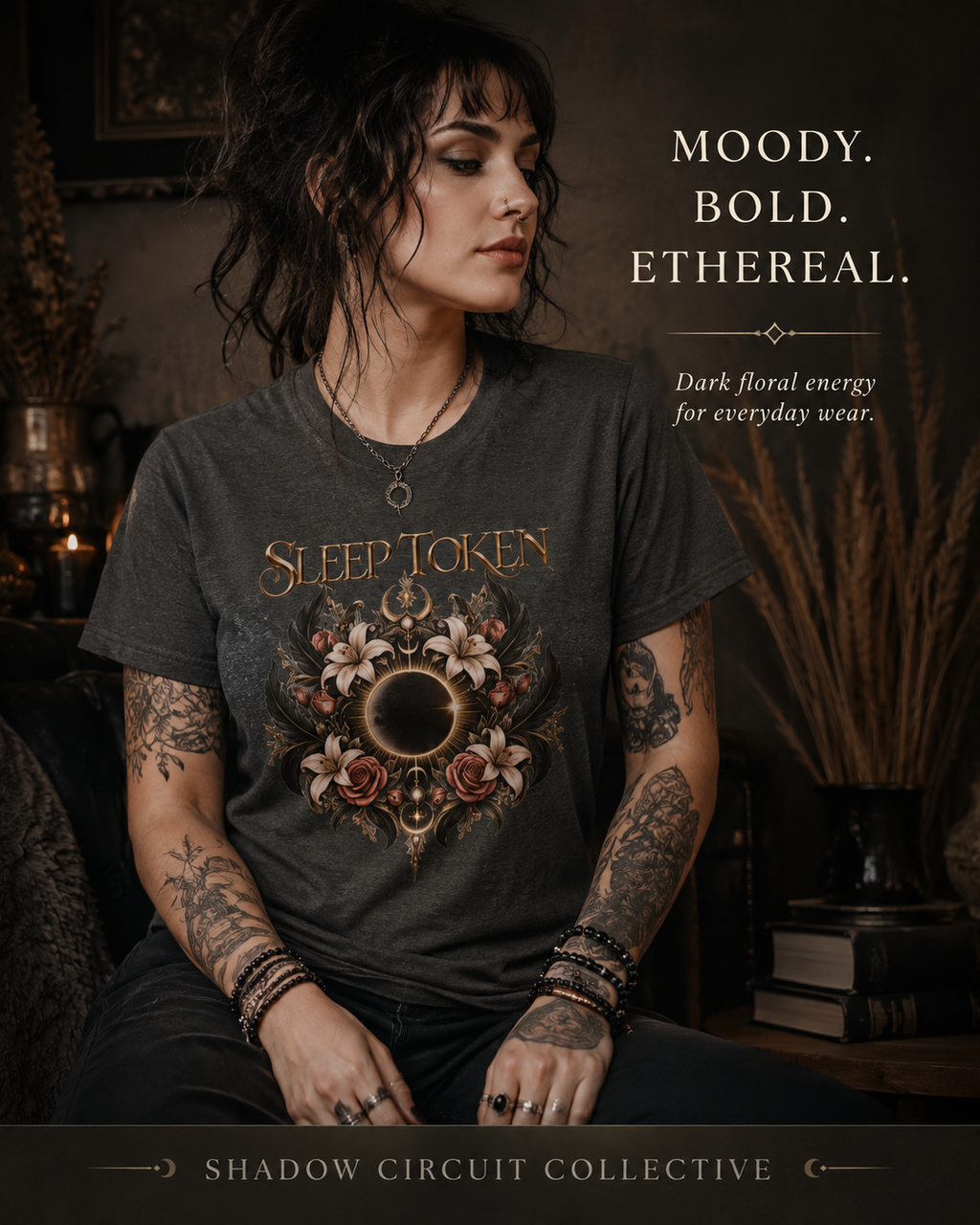 Sleep Token floral eclipse T-Shirt | band logo tee, gothic floral design