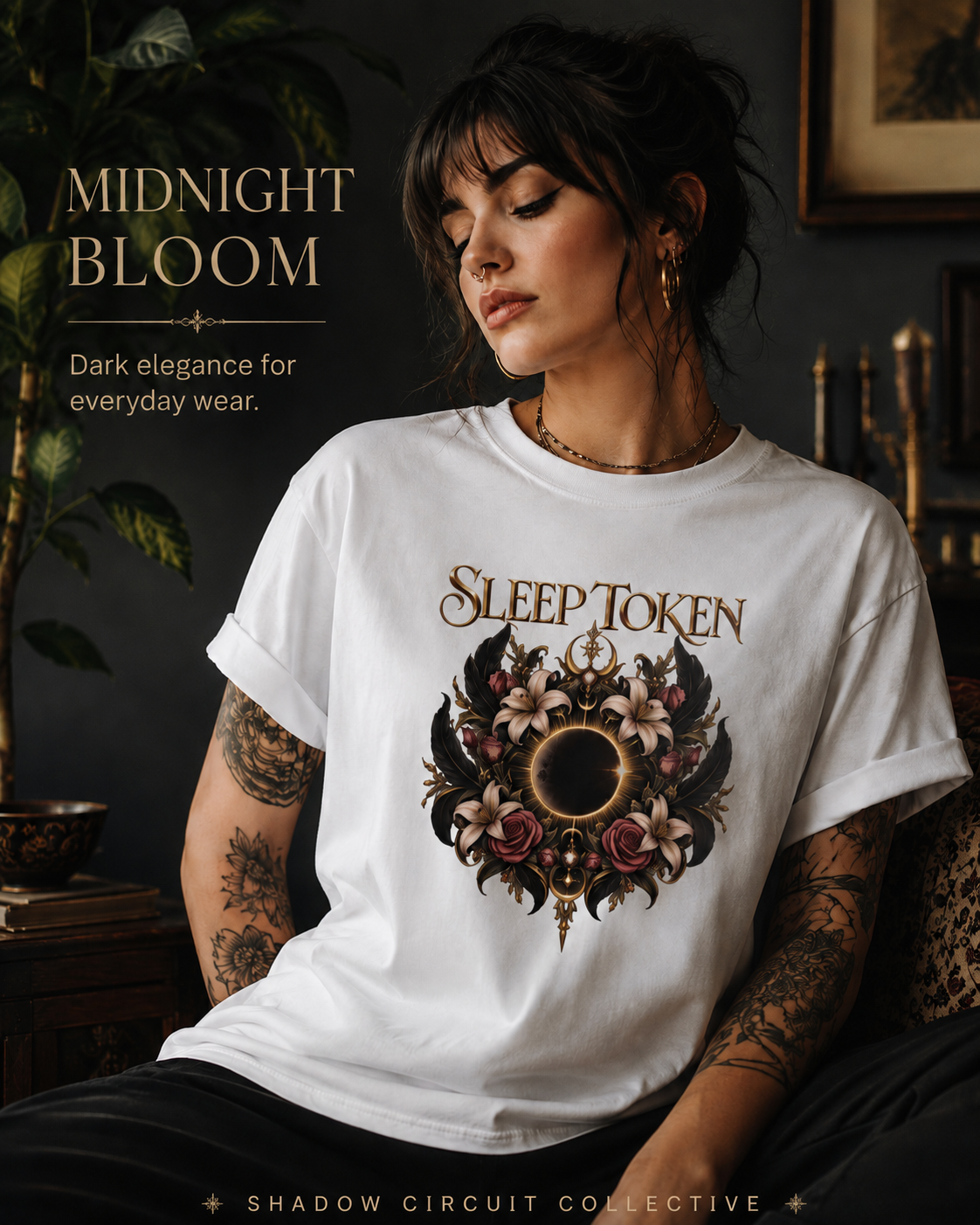 Sleep Token floral eclipse T-Shirt | band logo tee, gothic floral design