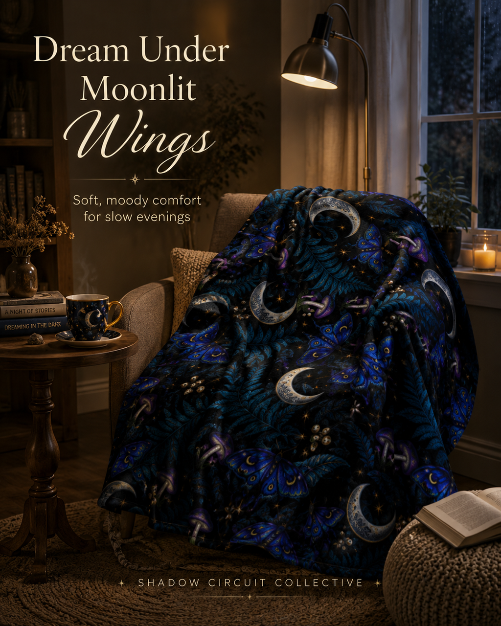 Moon & Blue Moth Pattern Velveteen Microfiber Blanket | Celestial Mushroom Fern Print
