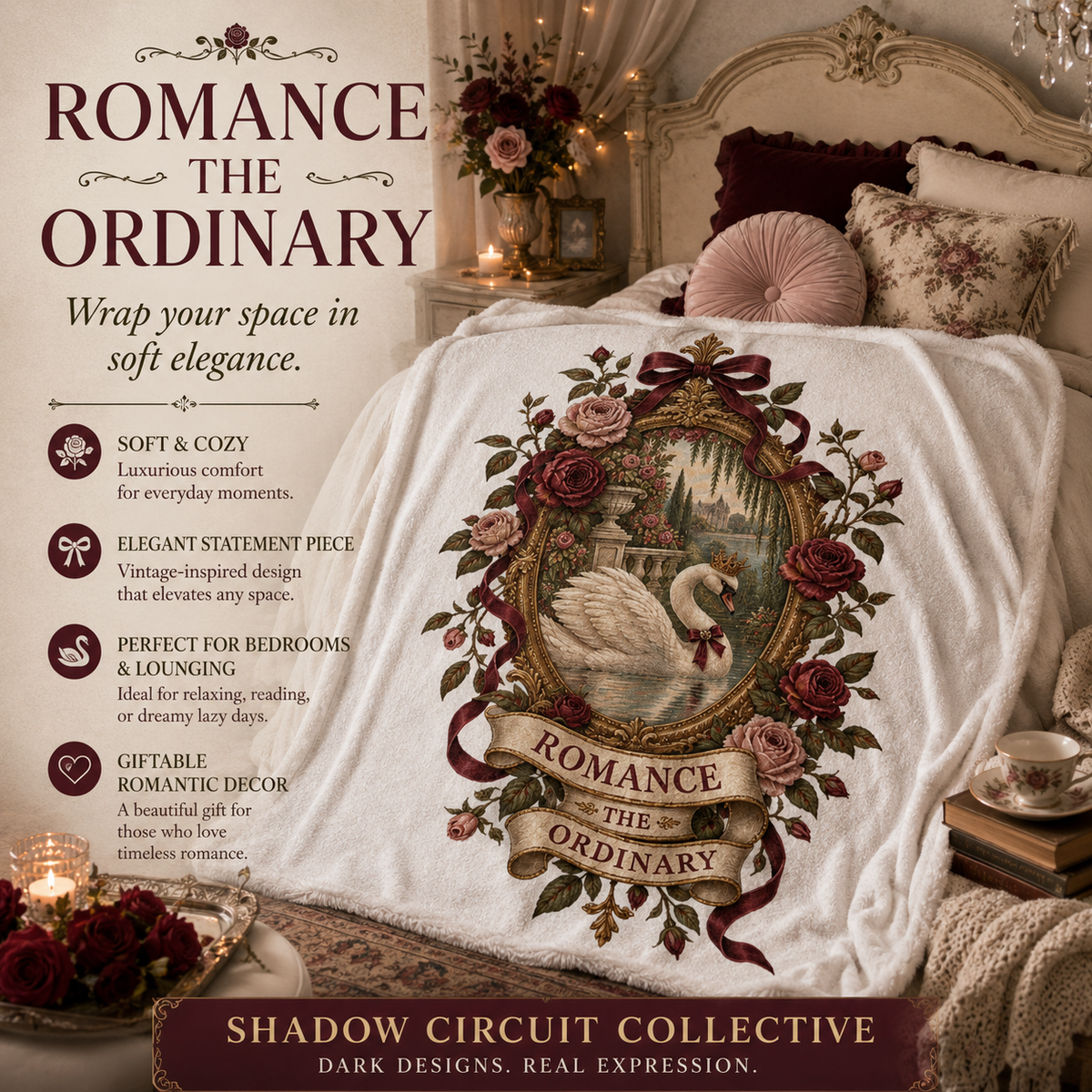 Romance the Ordinary Velveteen Microfiber Blanket | Swan Rose Victorian Illustration