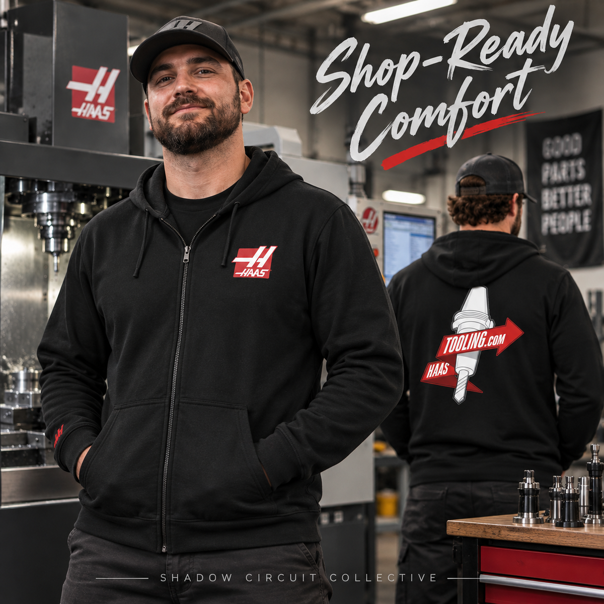 Haas Tooling Full-Zip Hoodie — CNC Drill Logo Zip-Up