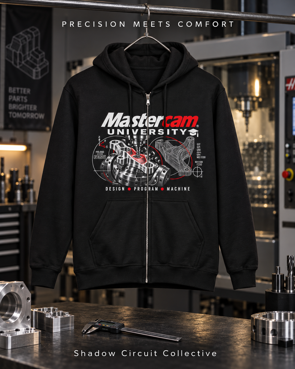 Mastercam University Zip Hoodie — CNC Design, Program & Machine Graphic