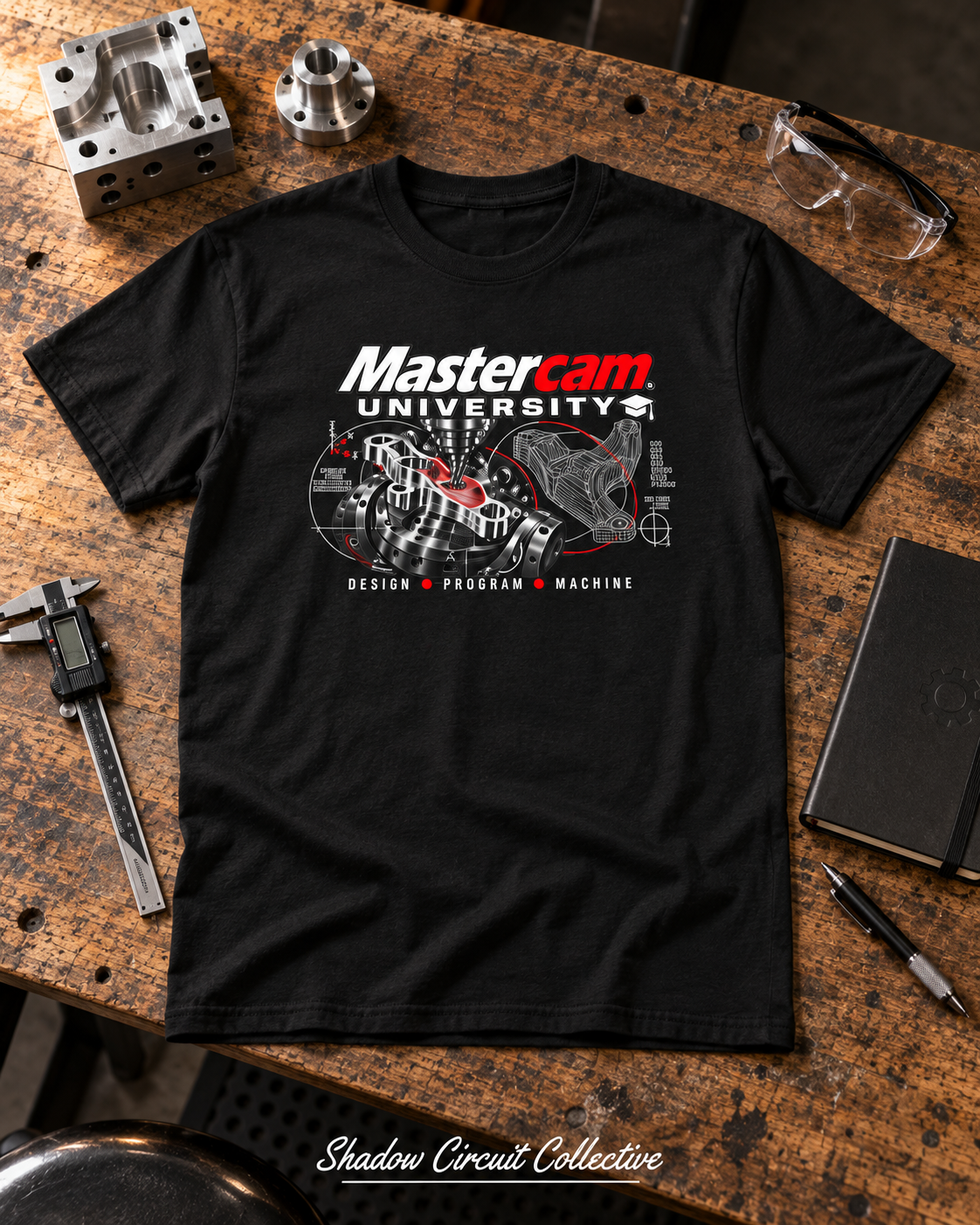 Mastercam University CNC T-Shirt — Design • Program • Machine Tee