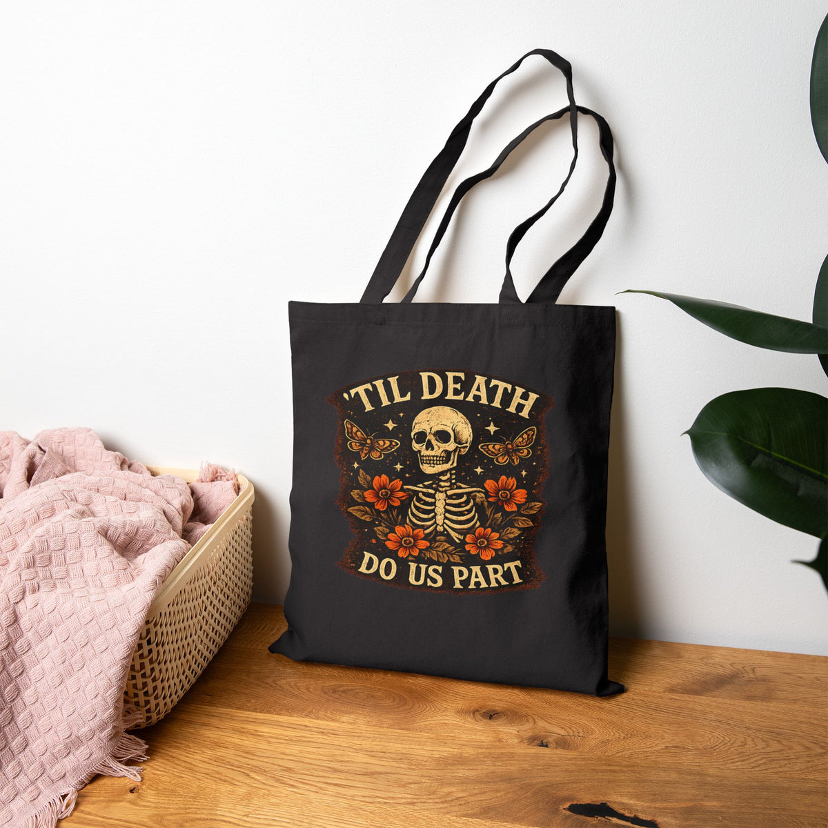 Tote Bag — 'Til Death Do Us Part' Skeleton Floral Cotton Canvas Tote