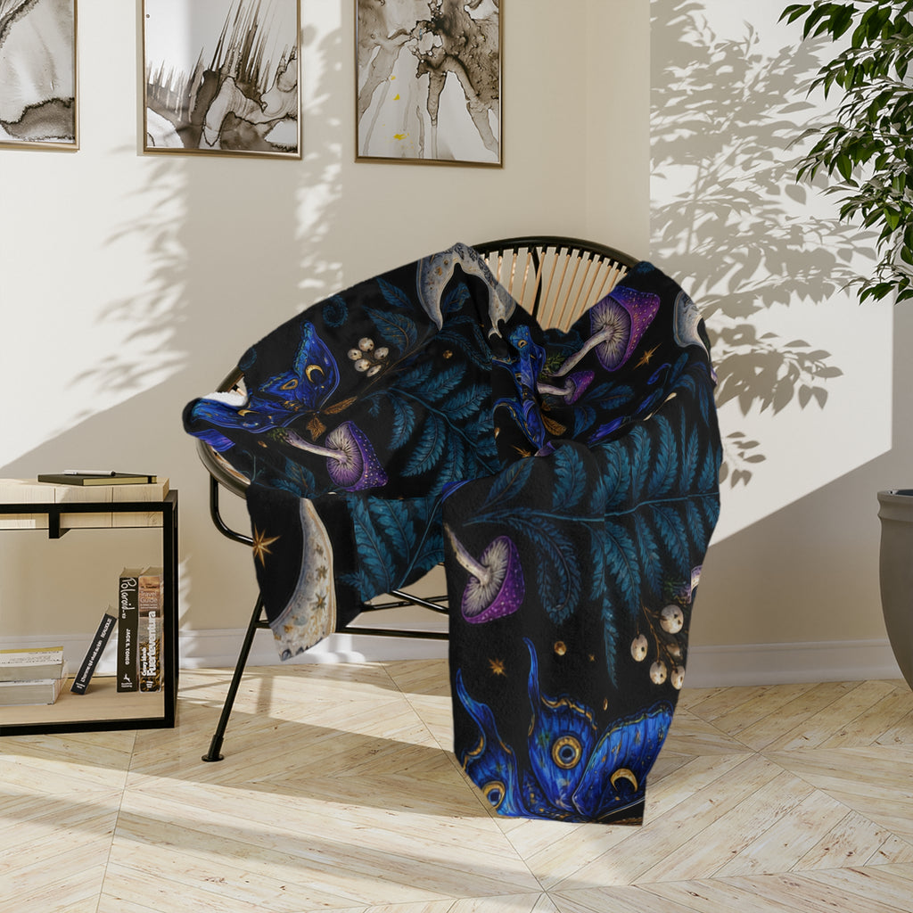 Moon & Blue Moth Pattern Velveteen Microfiber Blanket | Celestial Mushroom Fern Print