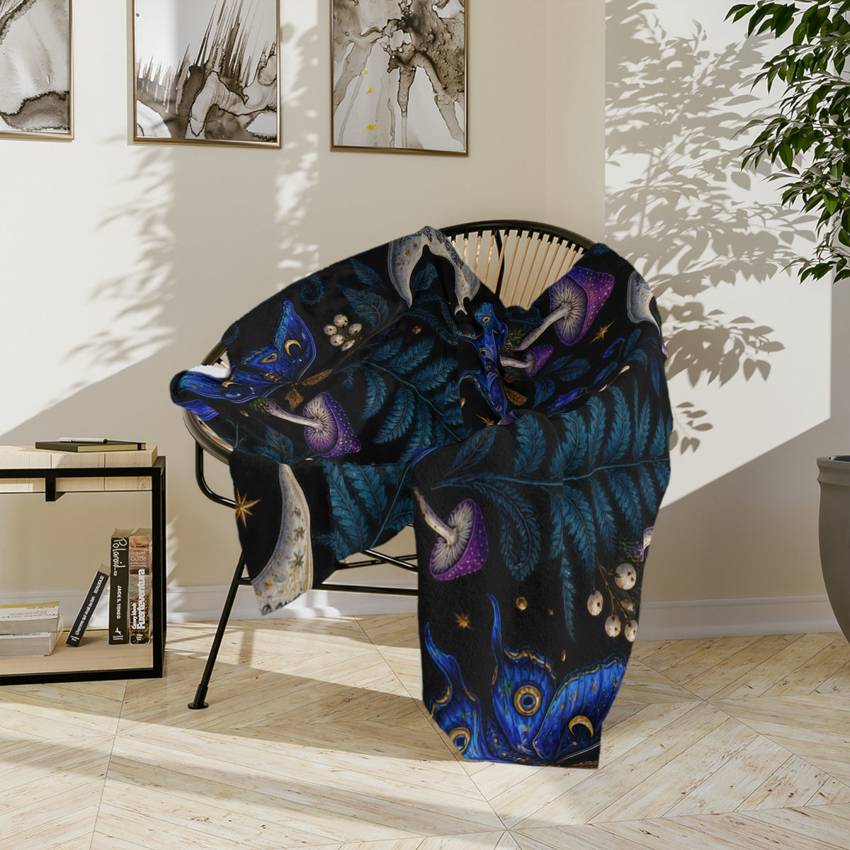 Moon & Blue Moth Pattern Velveteen Microfiber Blanket | Celestial Mushroom Fern Print