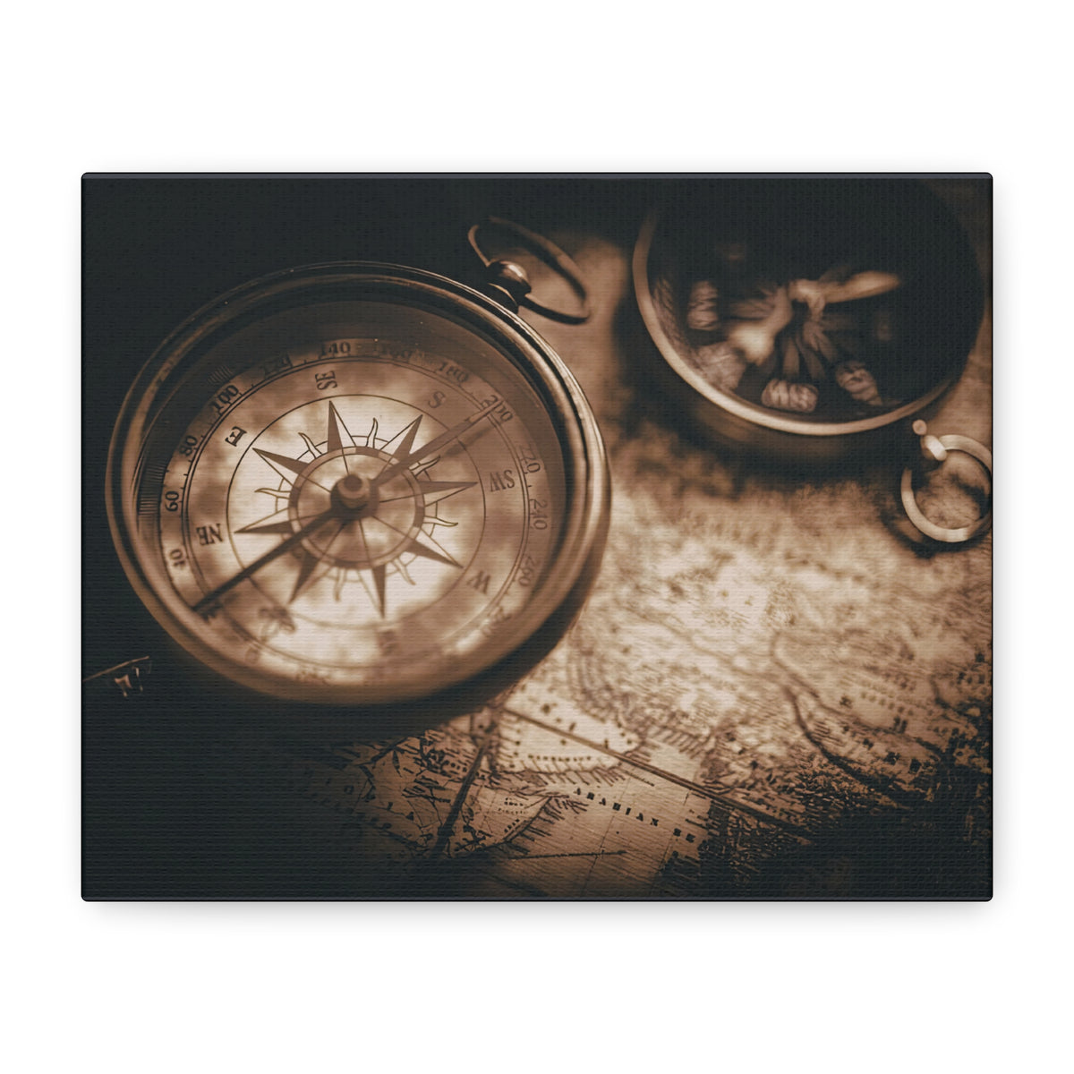 Vintage Compass Canvas Wall Art Sepia Travel Map Decor