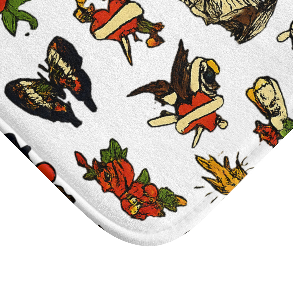 Traditional Tattoo Flash Bath Mat Retro Sailor Skull Rose Dagger Pattern