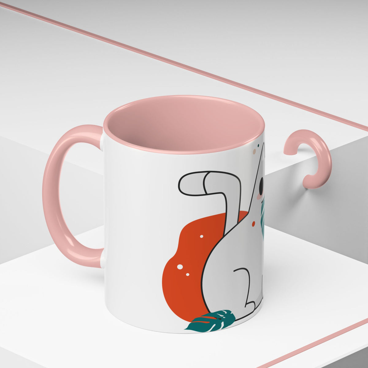 Cute Cat Coffee Mug  Playful White Cat with Tropical Leaf Accent 11oz 15oz