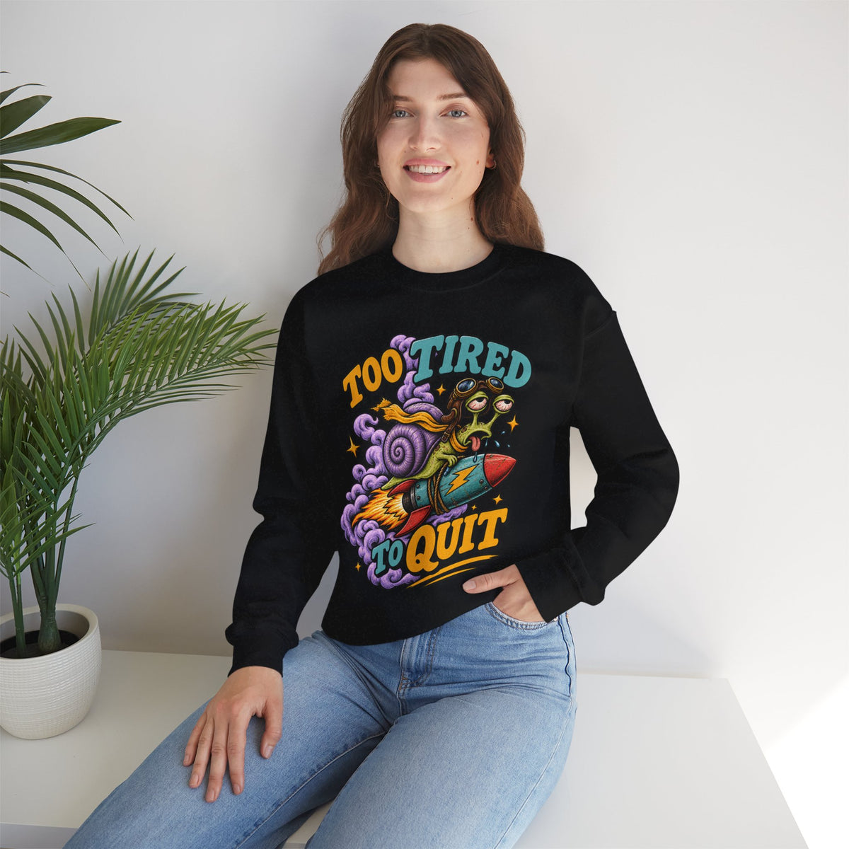 Too Tired to Quit Sweatshirt | Rocket Sloth Illustration, Motivational Retro