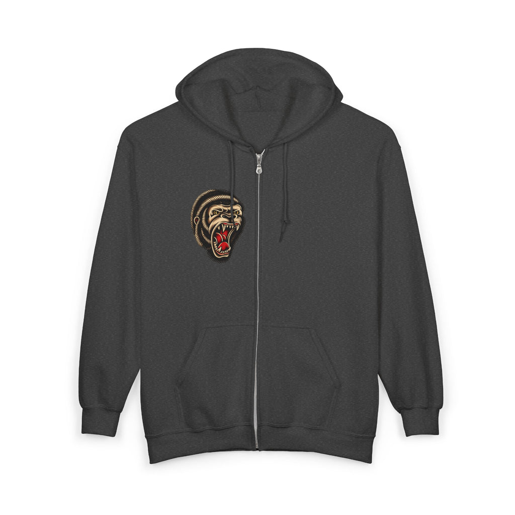 Roaring Gorilla Head Zip Hoodie | Animal Skull Design, Dark Streetwear