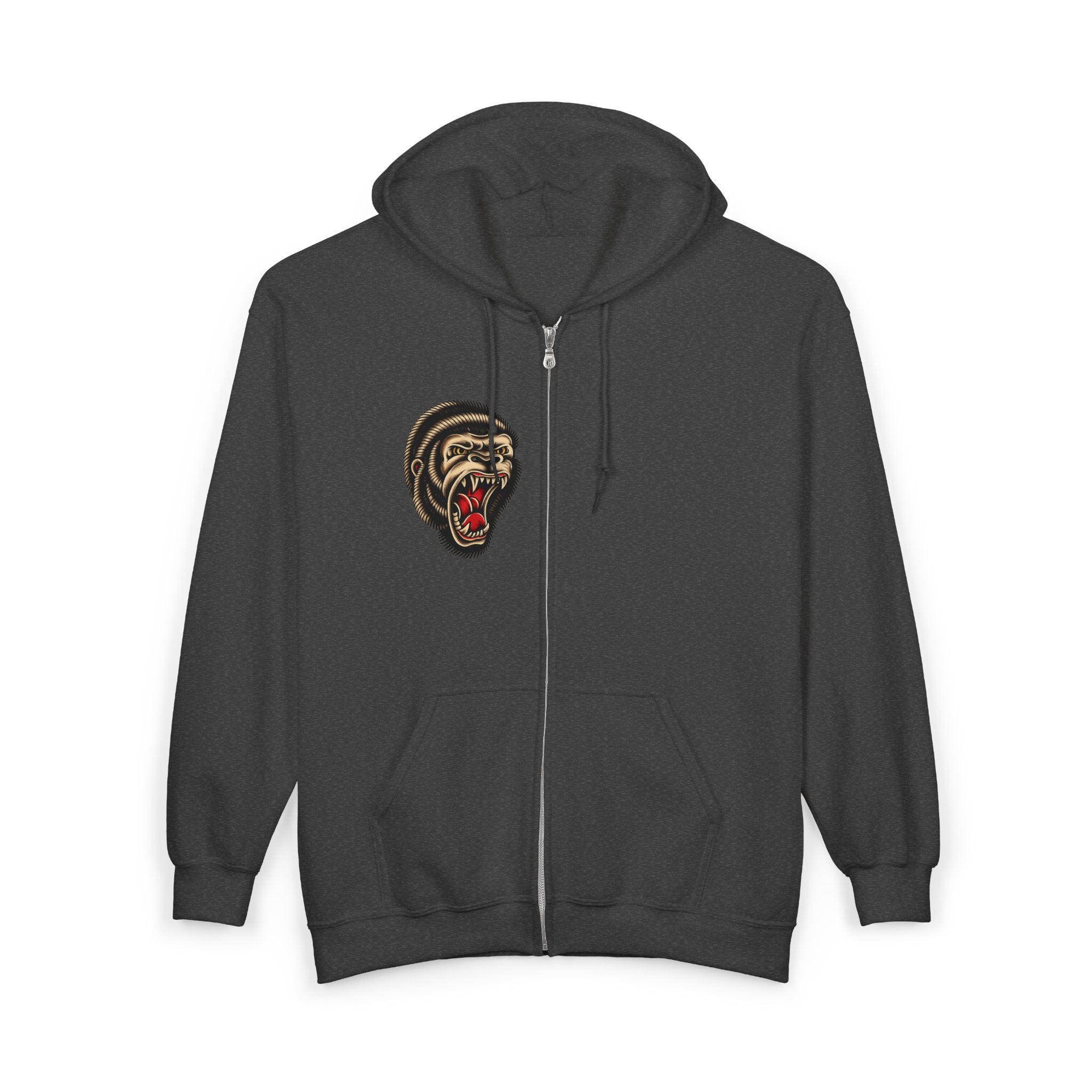 Roaring Gorilla Head Zip Hoodie | Animal Skull Design, Dark Streetwear