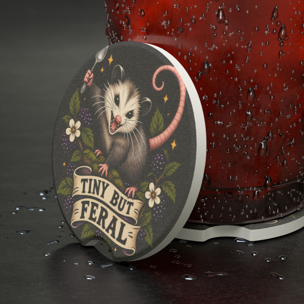 Tiny But Feral opossum car coaster | Soapstone Car Coaster