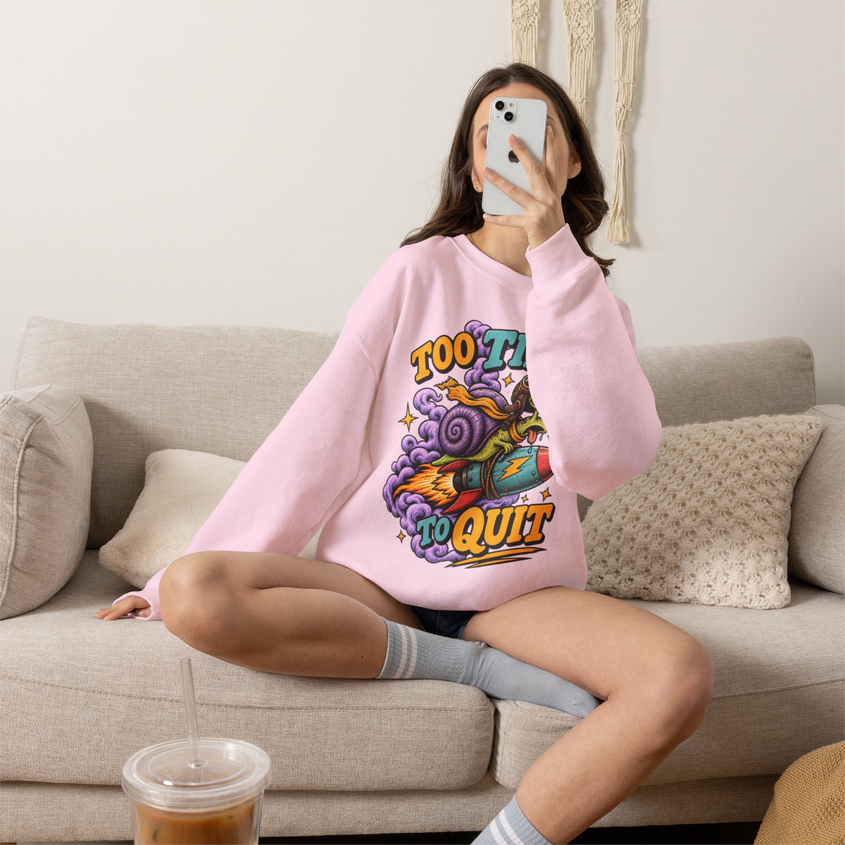 Too Tired to Quit Sweatshirt | Rocket Sloth Illustration, Motivational Retro