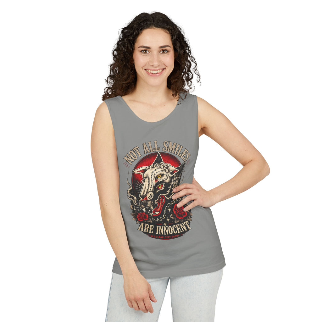 Not All Smiles Are Innocent Tank Top Gothic Wolf Shirt Alternative Streetwear Tattoo Style Muscle Tank Dark Aesthetic Gym Shirt