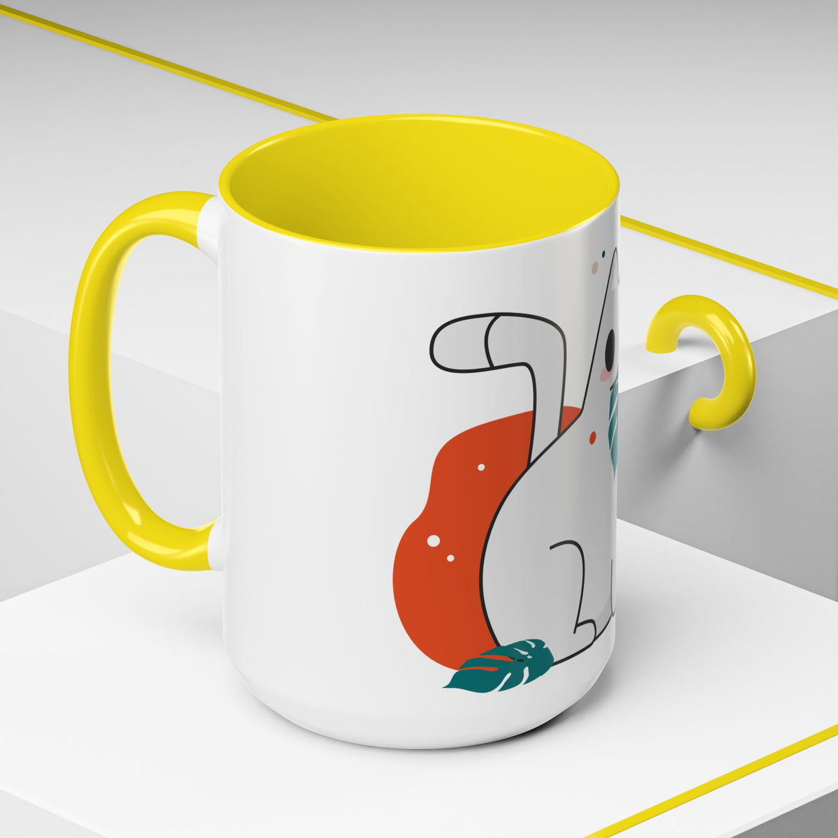 Cute Cat Coffee Mug  Playful White Cat with Tropical Leaf Accent 11oz 15oz