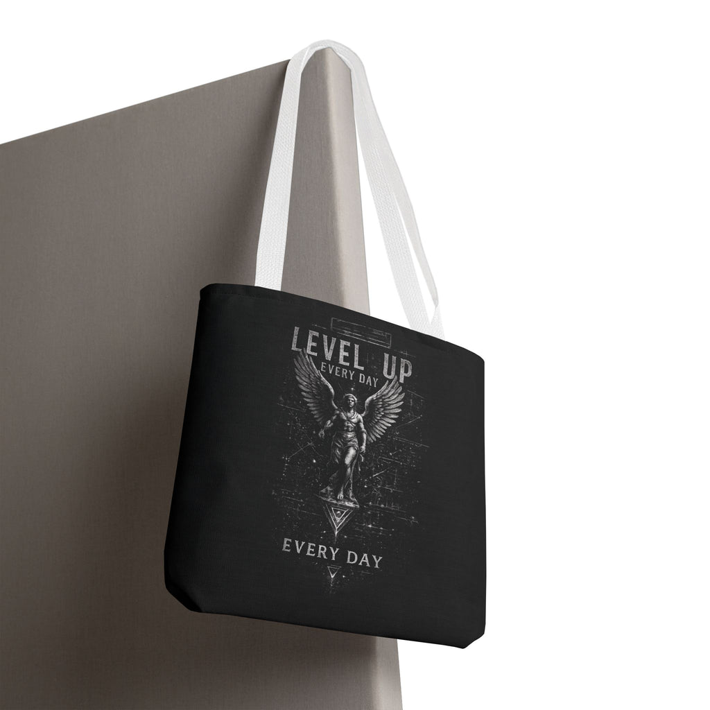 Level Up Every Day Angel Statue Tote Bag — Motivational Graphic Tote for Gamers & Fitness Fans