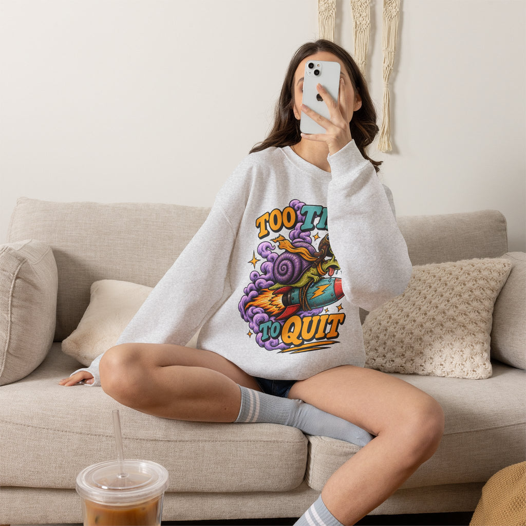 Too Tired to Quit Sweatshirt | Rocket Sloth Illustration, Motivational Retro