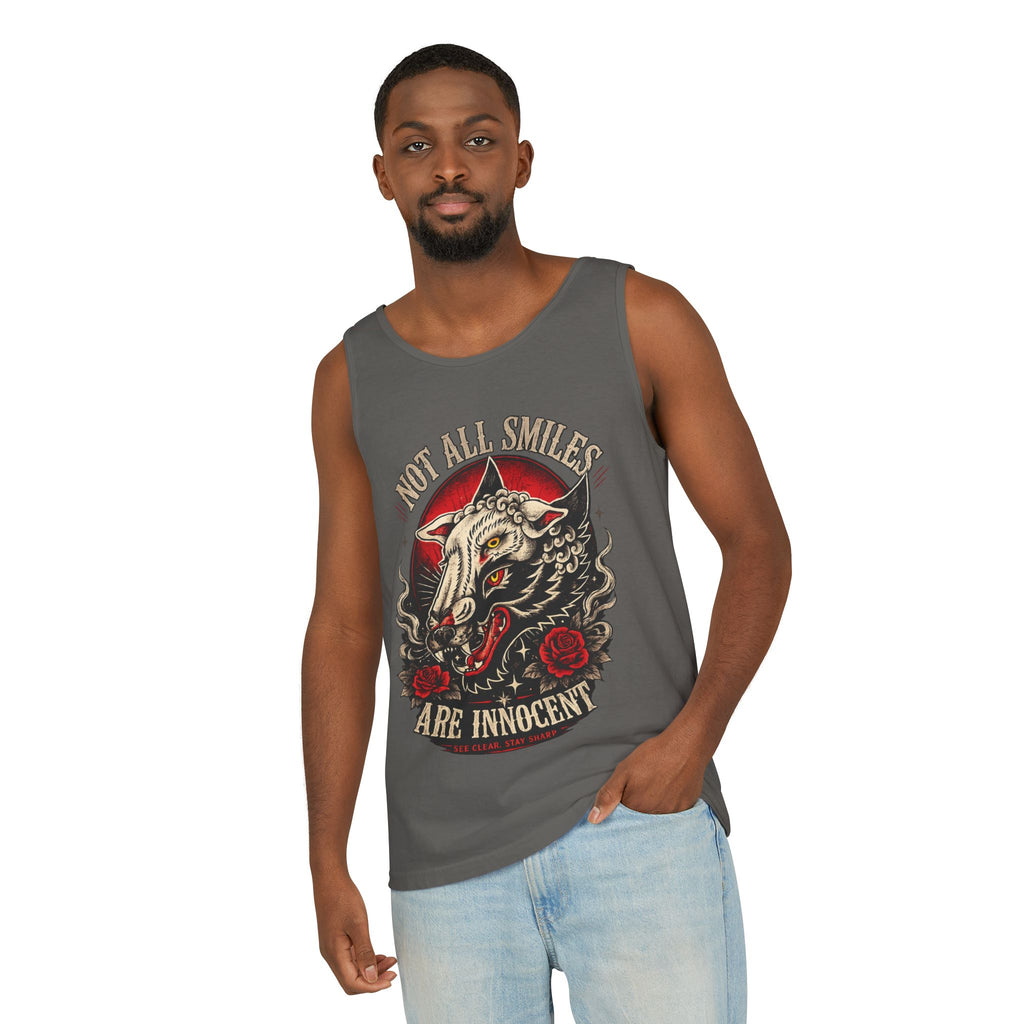 Not All Smiles Are Innocent Tank Top Gothic Wolf Shirt Alternative Streetwear Tattoo Style Muscle Tank Dark Aesthetic Gym Shirt