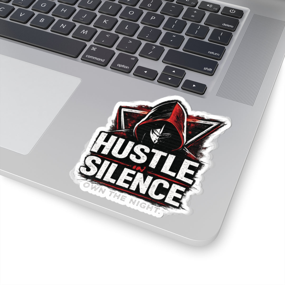 Hustle in Silence sticker Kiss-cut vinyl decal, hooded figure, gritty typography