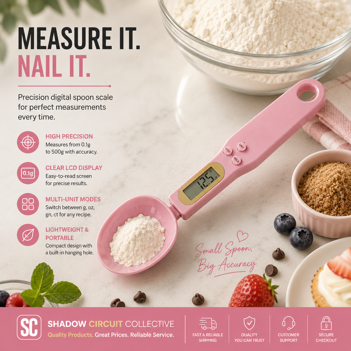 Measure Every Ingredient with Confidence | Digital Spoon Scale for Coffee, Baking, Meal Prep & Pet Food (0.1g Precision LCD Kitchen Scale)