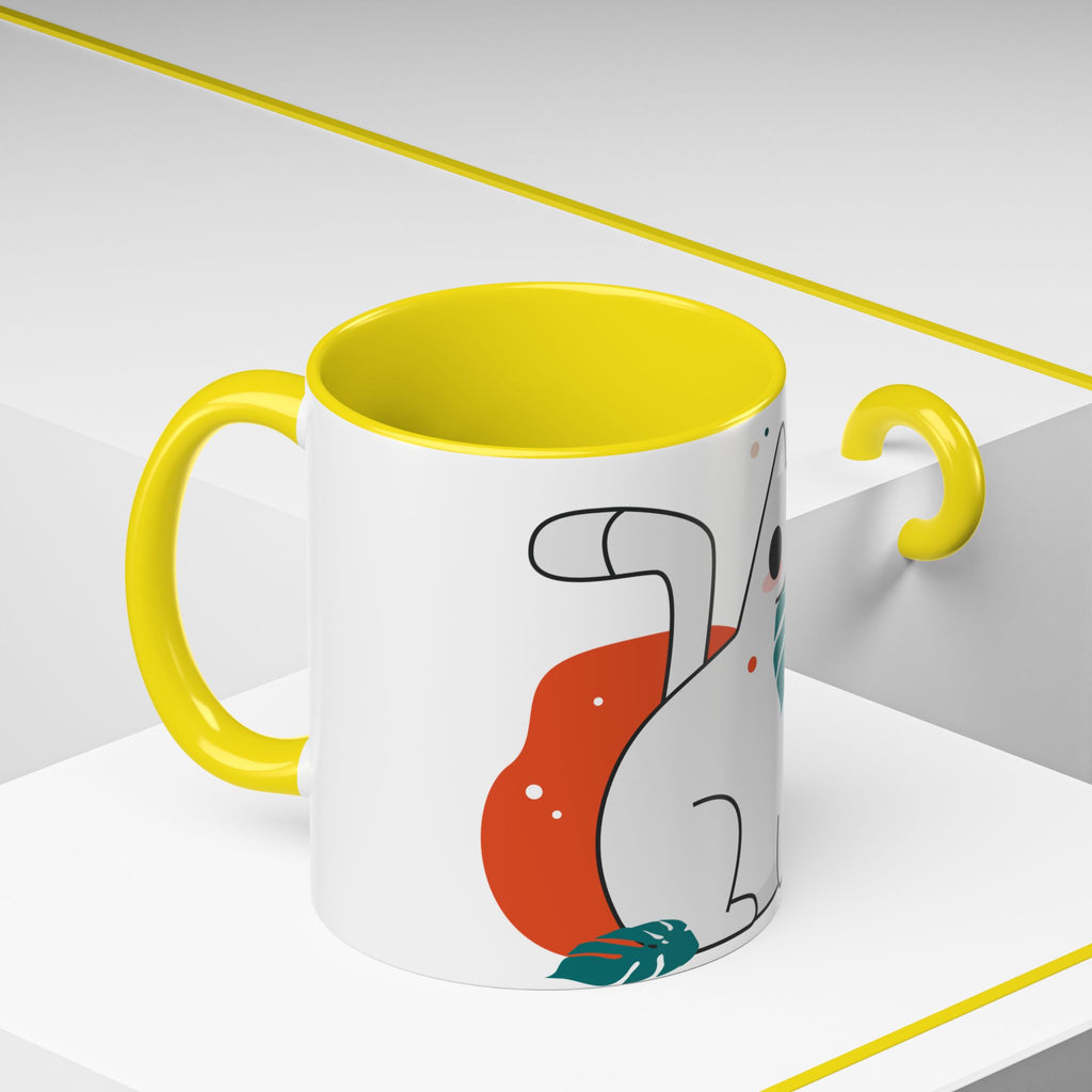 Cute Cat Coffee Mug  Playful White Cat with Tropical Leaf Accent 11oz 15oz