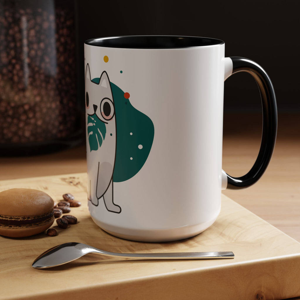 Cute Cat Coffee Mug  Playful White Cat with Tropical Leaf Accent 11oz 15oz