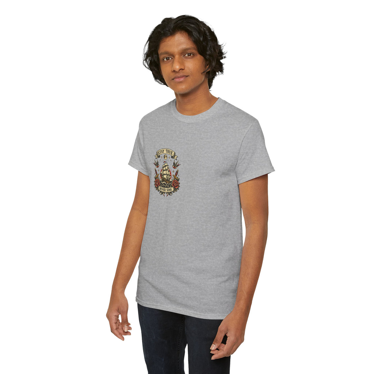 Stay True Never Sink T-Shirt — Vintage Sailboat Tattoo Graphic Tee