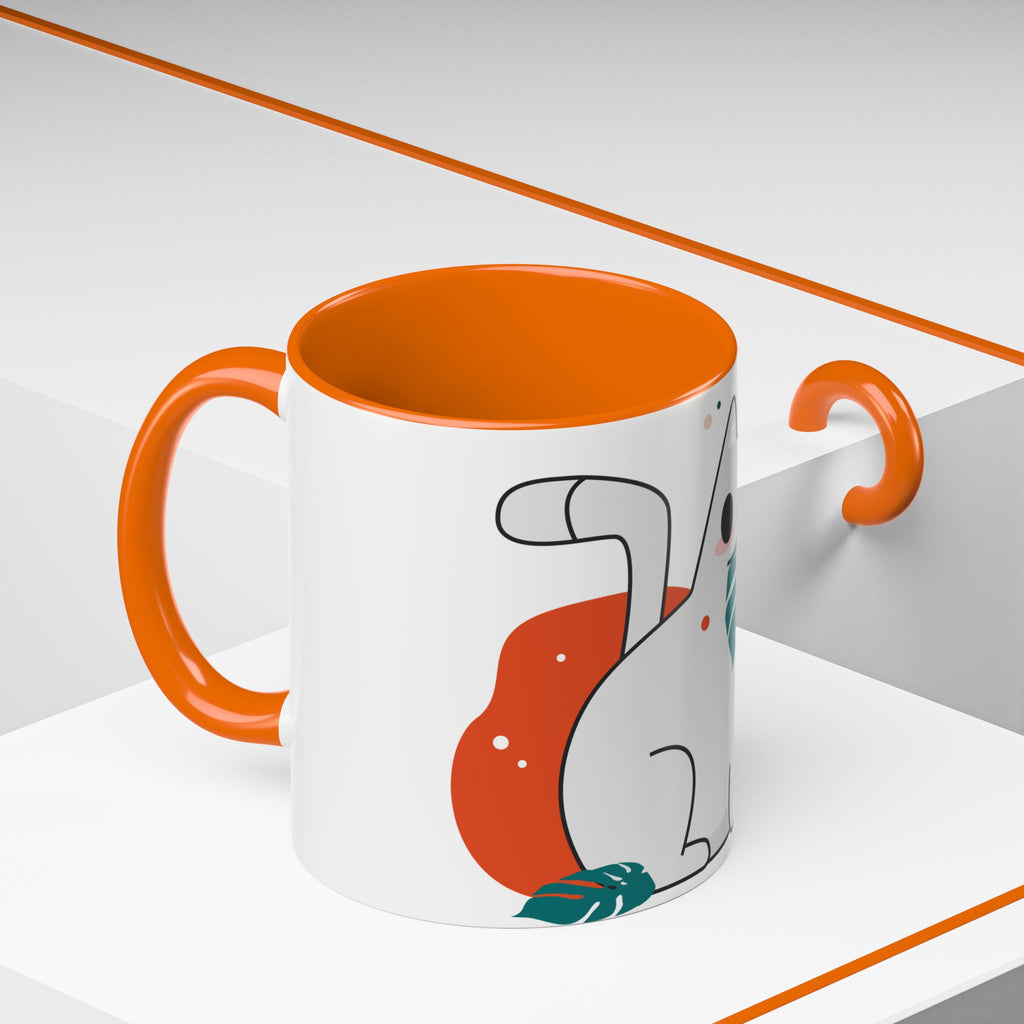 Cute Cat Coffee Mug  Playful White Cat with Tropical Leaf Accent 11oz 15oz
