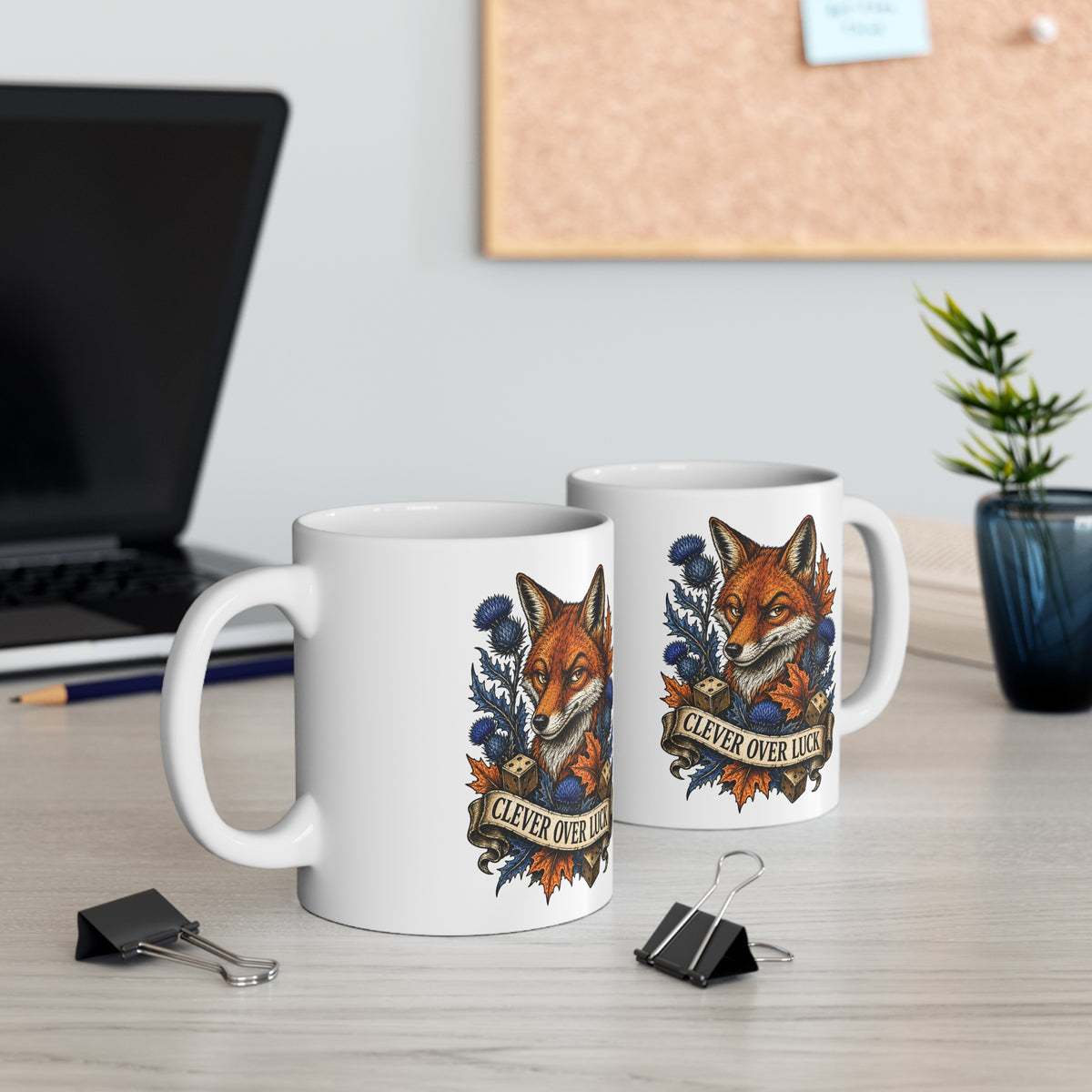 Clever Over Luck fox illustration Mug | Autumn leaves, thistle, woodcock