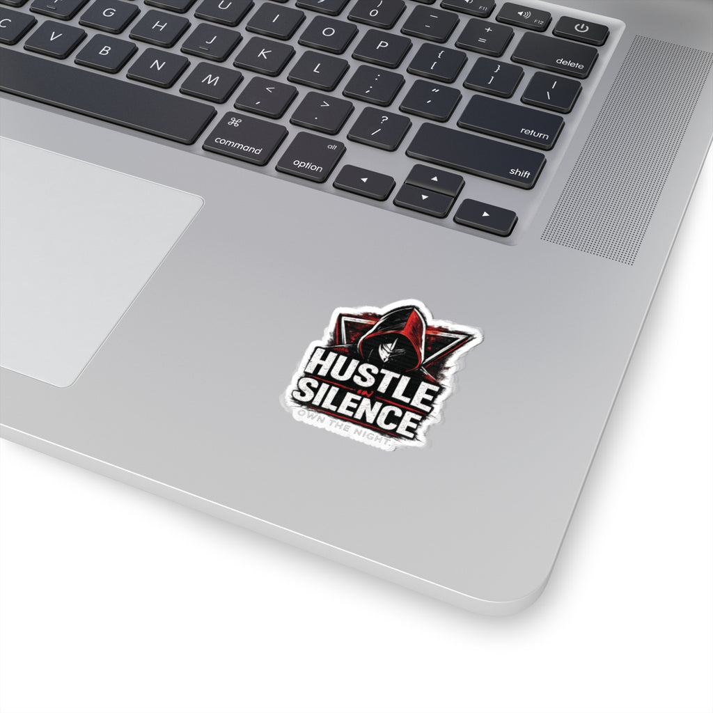 Hustle in Silence sticker Kiss-cut vinyl decal, hooded figure, gritty typography