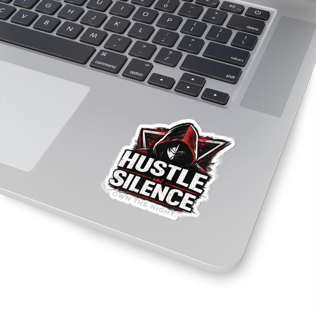 Hustle in Silence sticker Kiss-cut vinyl decal, hooded figure, gritty typography